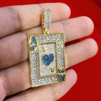 Ace of Hearts Card Pendant | 14K Gold Plated Blue Heart CZ Playing Card Necklace, Iced Out Hip Hop Pendant with Free Rope Chain