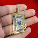 Ace of Hearts Card Pendant | 14K Gold Plated Blue Heart CZ Playing Card Necklace, Iced Out Hip Hop Pendant with Free Rope Chain