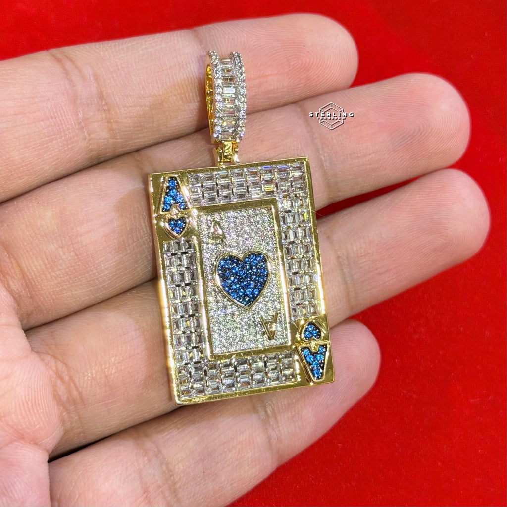 Ace of Hearts Card Pendant | 14K Gold Plated Blue Heart CZ Playing Card Necklace, Iced Out Hip Hop Pendant with Free Rope Chain
