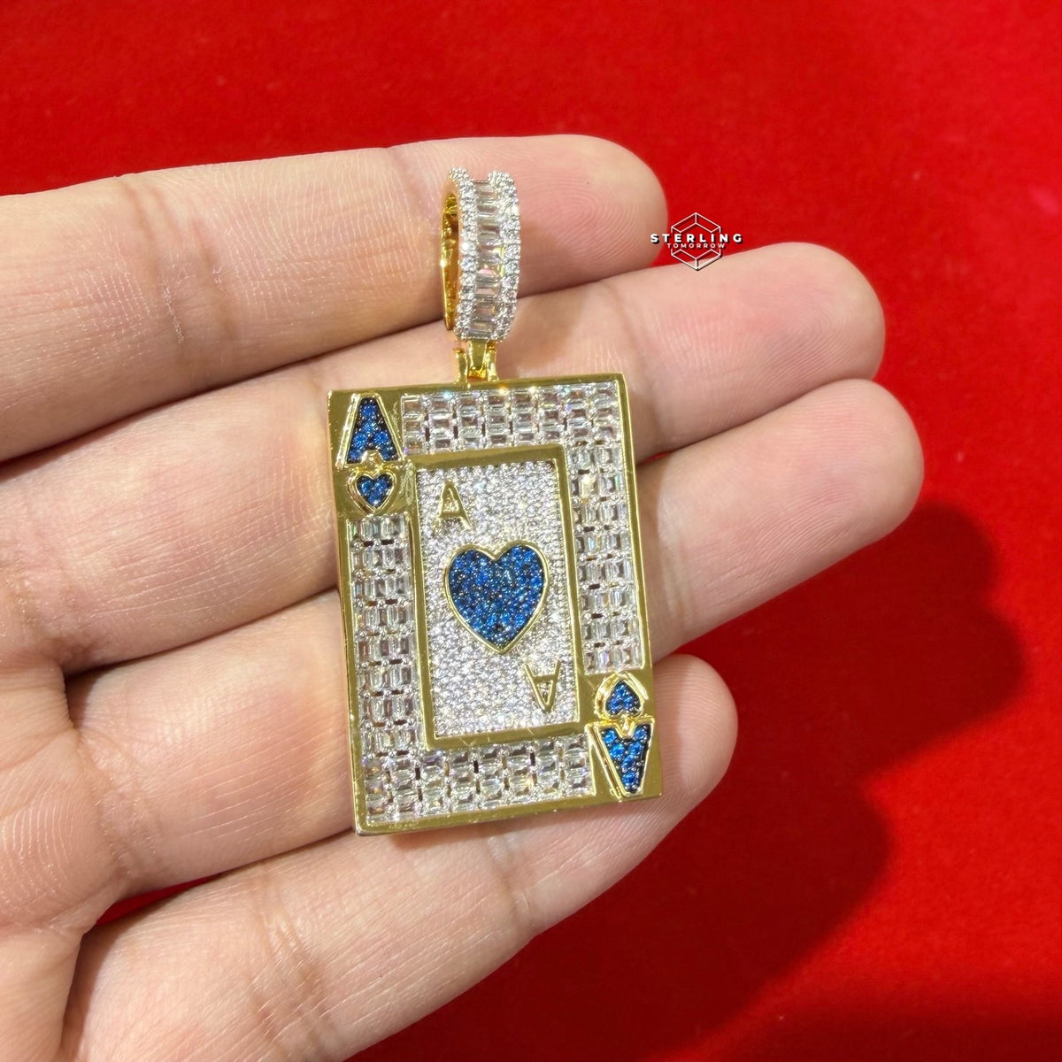 Ace of Hearts Card Pendant | 14K Gold Plated Blue Heart CZ Playing Card Necklace, Iced Out Hip Hop Pendant with Free Rope Chain