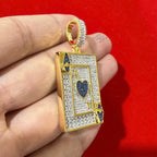 Ace of Hearts Card Pendant | 14K Gold Plated Blue Heart CZ Playing Card Necklace, Iced Out Hip Hop Pendant with Free Rope Chain