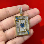 Ace of Hearts Card Pendant | 14K Gold Plated Blue Heart CZ Playing Card Necklace, Iced Out Hip Hop Pendant with Free Rope Chain
