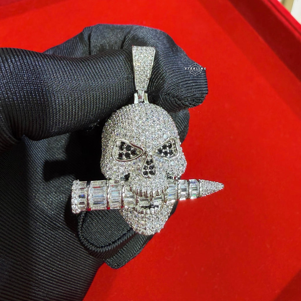 Iced Skull Pendant Bullet Design 14K White Gold Plated CZ Diamond Hip Hop Chain Skull Bling Necklace Mens Streetwear Jewelry Rope Chain