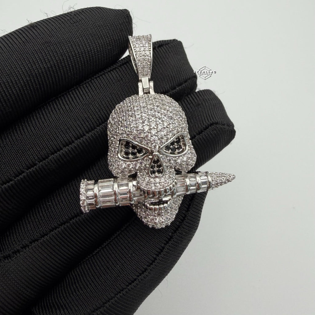 Iced Skull Pendant Bullet Design 14K White Gold Plated CZ Diamond Hip Hop Chain Skull Bling Necklace Mens Streetwear Jewelry Rope Chain