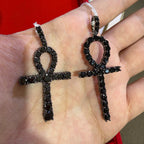 14K Black Plated Iced Out Ankh Necklace | Hip Hop Jewelry | Bling Crystal Ankh Pendant w/ Rope Chain | Streetwear Egyptian Cross