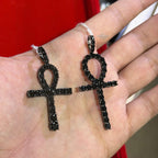 14K Black Plated Iced Out Ankh Necklace | Hip Hop Jewelry | Bling Crystal Ankh Pendant w/ Rope Chain | Streetwear Egyptian Cross