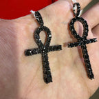 14K Black Plated Iced Out Ankh Necklace | Hip Hop Jewelry | Bling Crystal Ankh Pendant w/ Rope Chain | Streetwear Egyptian Cross