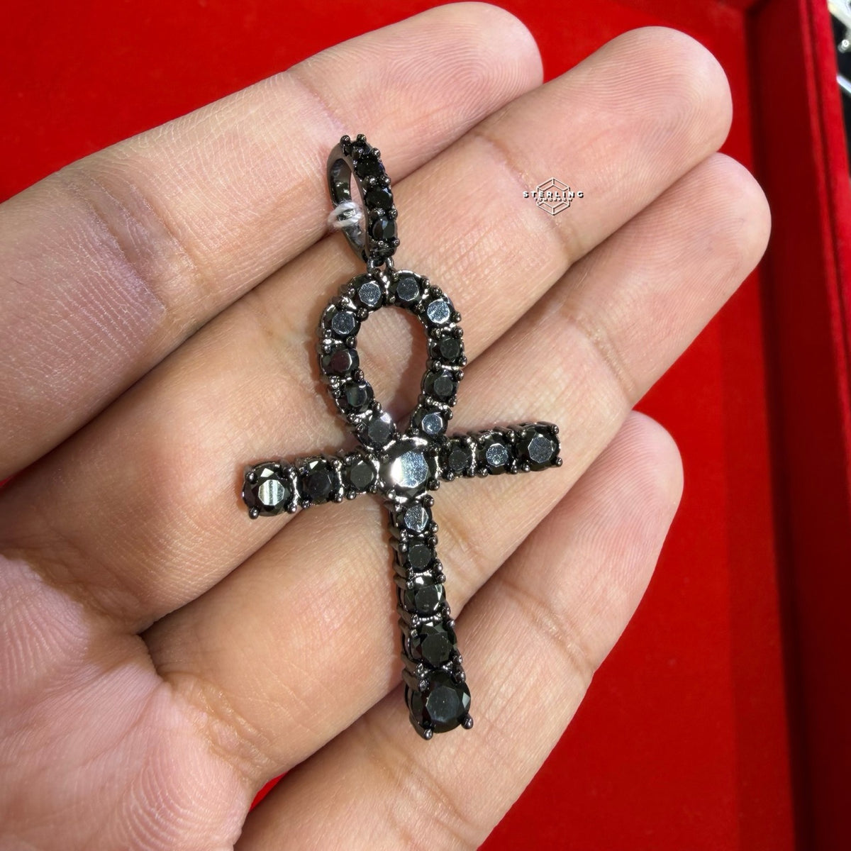 14K Black Plated Iced Out Ankh Necklace | Hip Hop Jewelry | Bling Crystal Ankh Pendant w/ Rope Chain | Streetwear Egyptian Cross