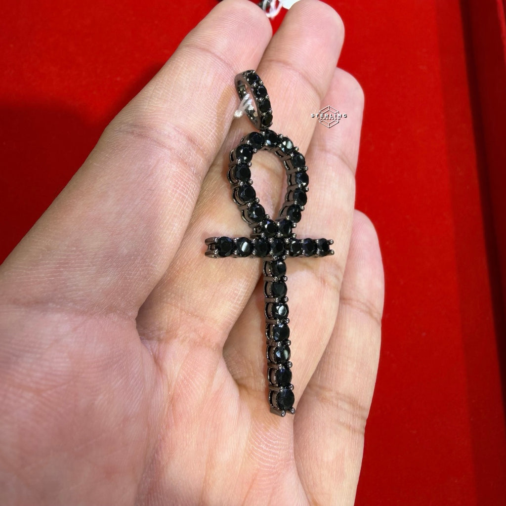 14K Black Plated Iced Out Ankh Necklace | Hip Hop Jewelry | Bling Crystal Ankh Pendant w/ Rope Chain | Streetwear Egyptian Cross