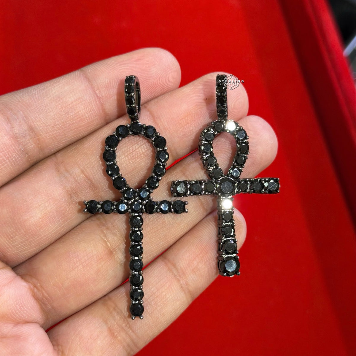 14K Black Plated Iced Out Ankh Necklace | Hip Hop Jewelry | Bling Crystal Ankh Pendant w/ Rope Chain | Streetwear Egyptian Cross