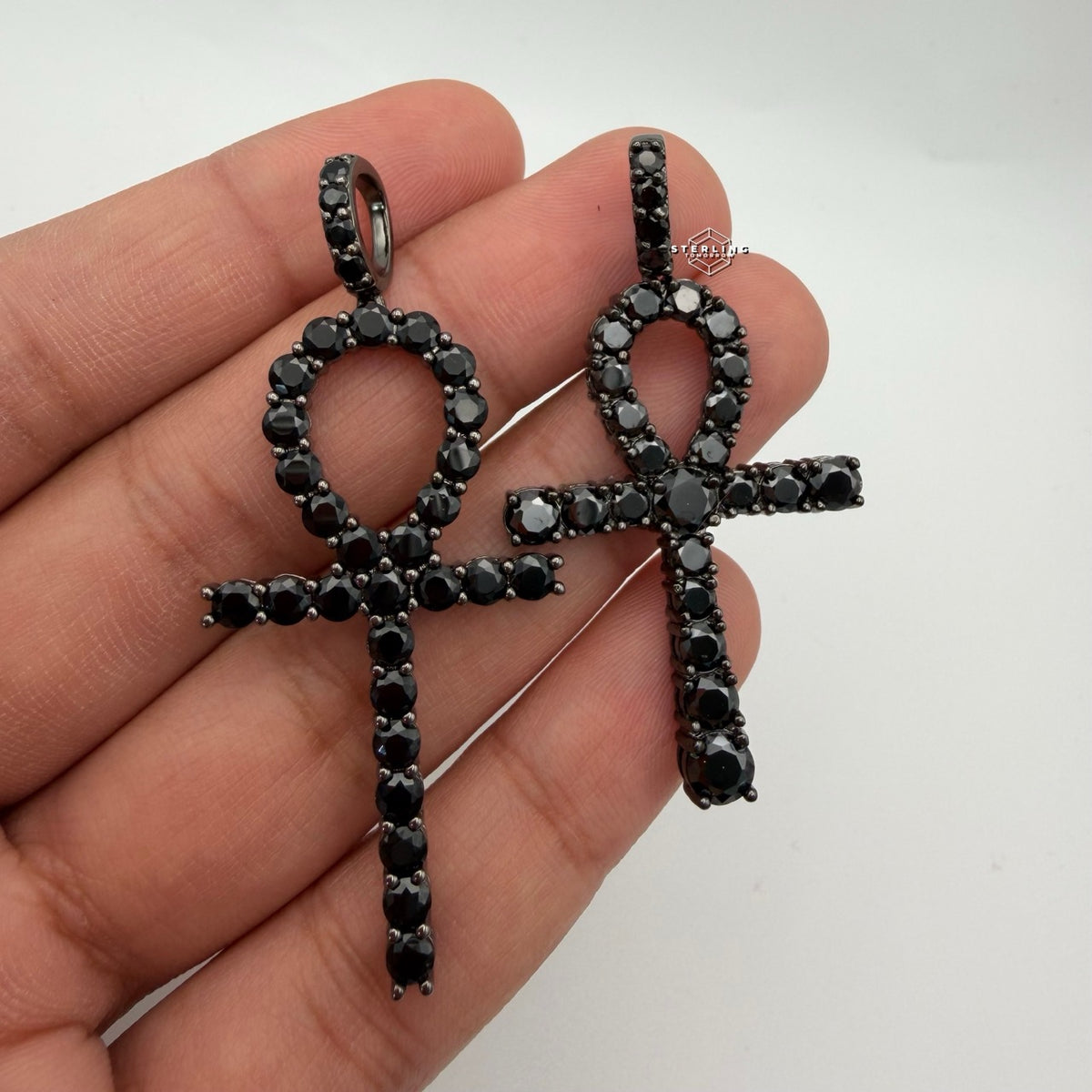 14K Black Plated Iced Out Ankh Necklace | Hip Hop Jewelry | Bling Crystal Ankh Pendant w/ Rope Chain | Streetwear Egyptian Cross