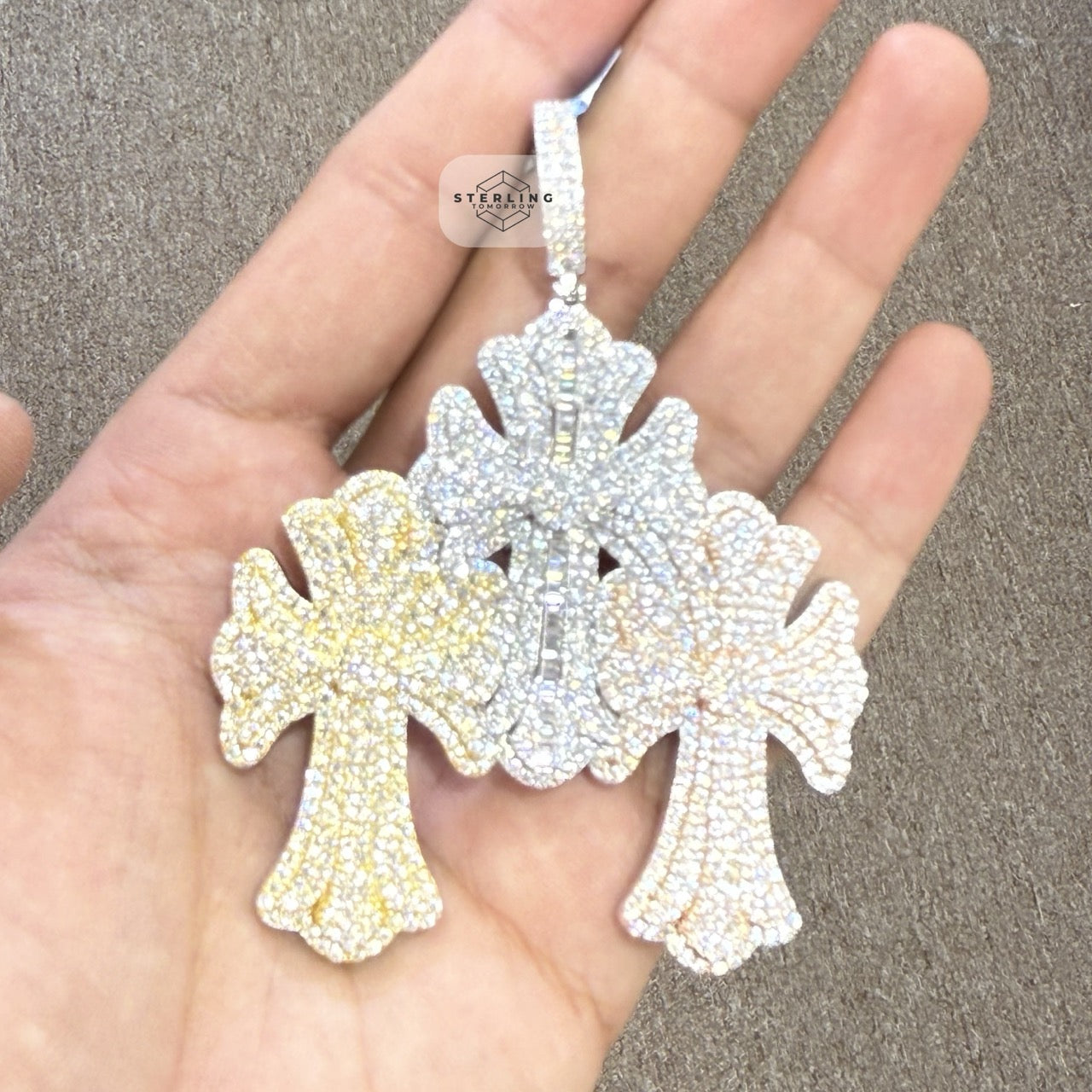 Moissanite 3 Color Triple Cross Pendant