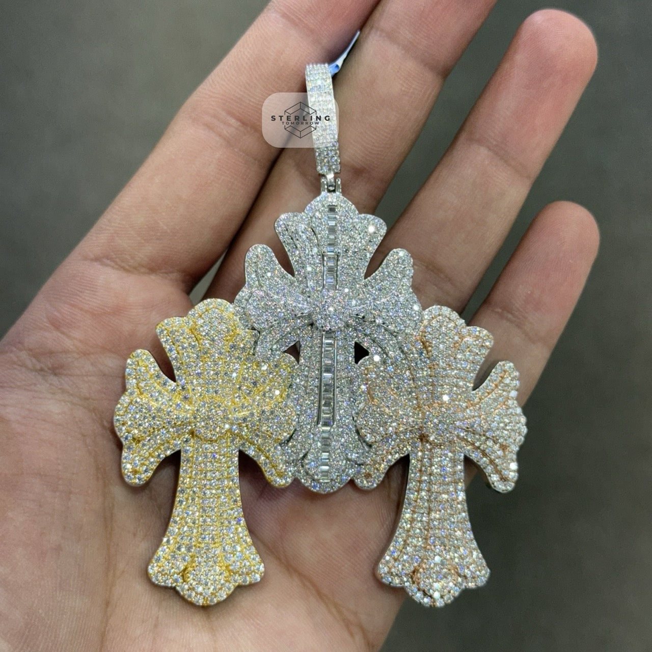 Moissanite 3 Color Triple Cross Pendant