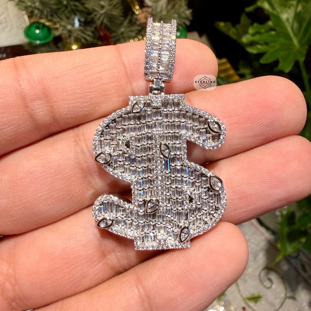 14K White Gold Plated Money Sign Iced Pendant