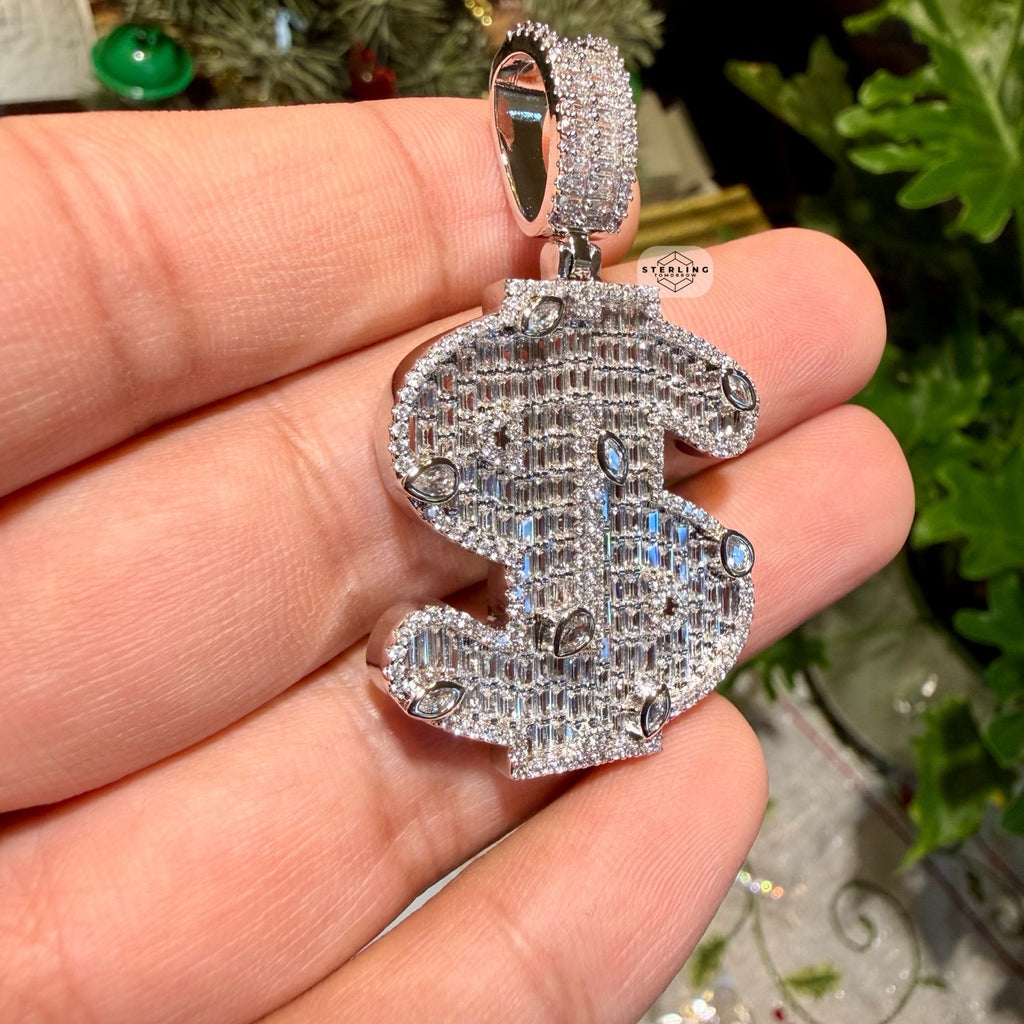14K White Gold Plated Money Sign Iced Pendant