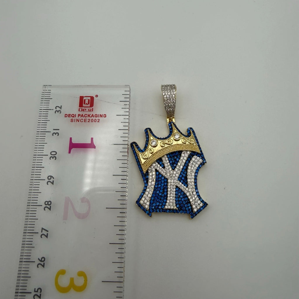 Iced Out NY Crown Pendant - Blue and Gold