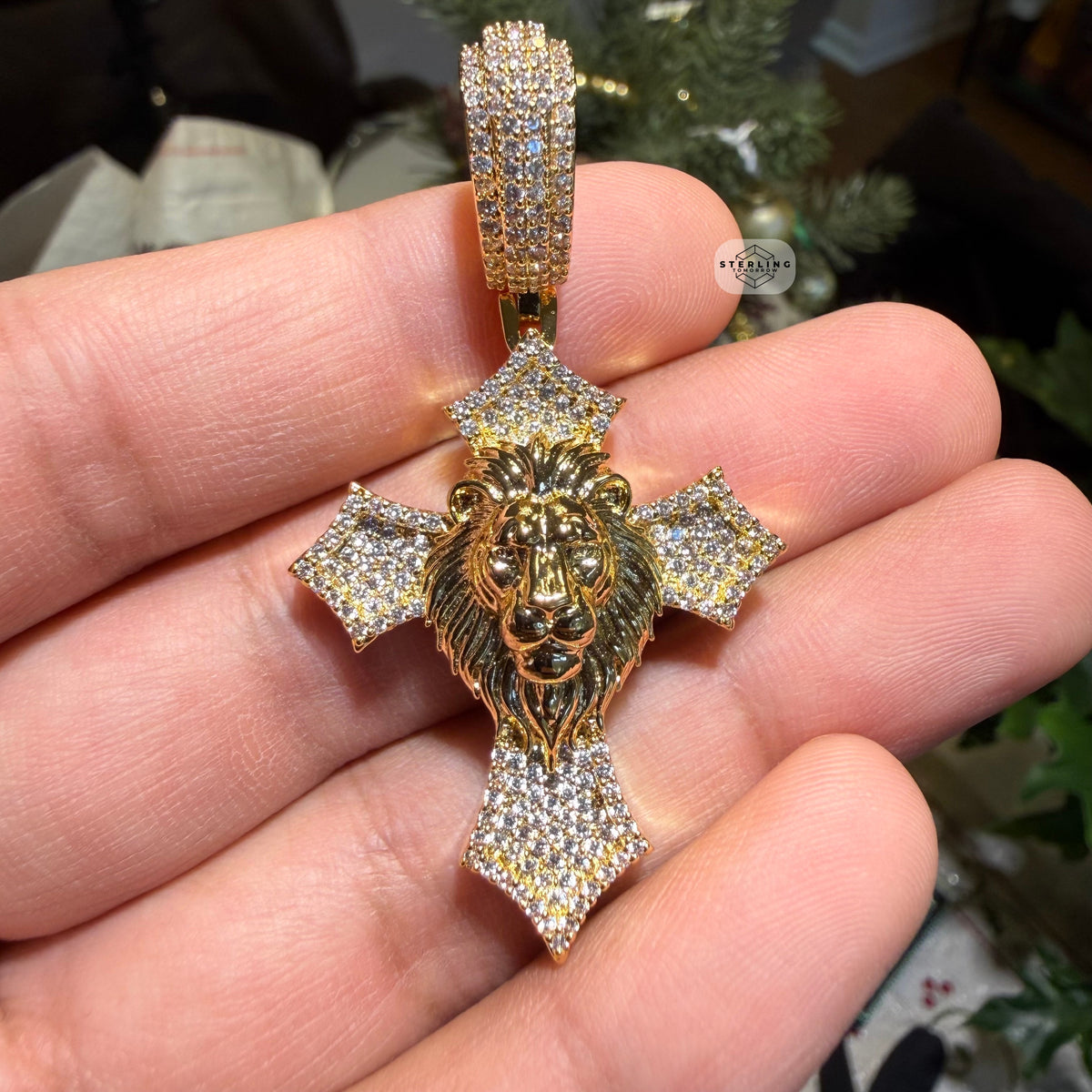 Lion Cross Iced Out Pendant 14k Gold Plated