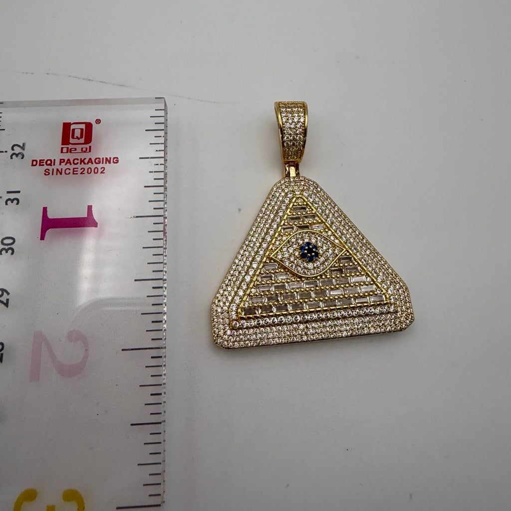 Evil Eye Pyramid Pendant Necklace | Iced Out CZ Triangle Pendant | 14K Gold Plated Hip Hop Jewelry | Protection Jewelry Gift