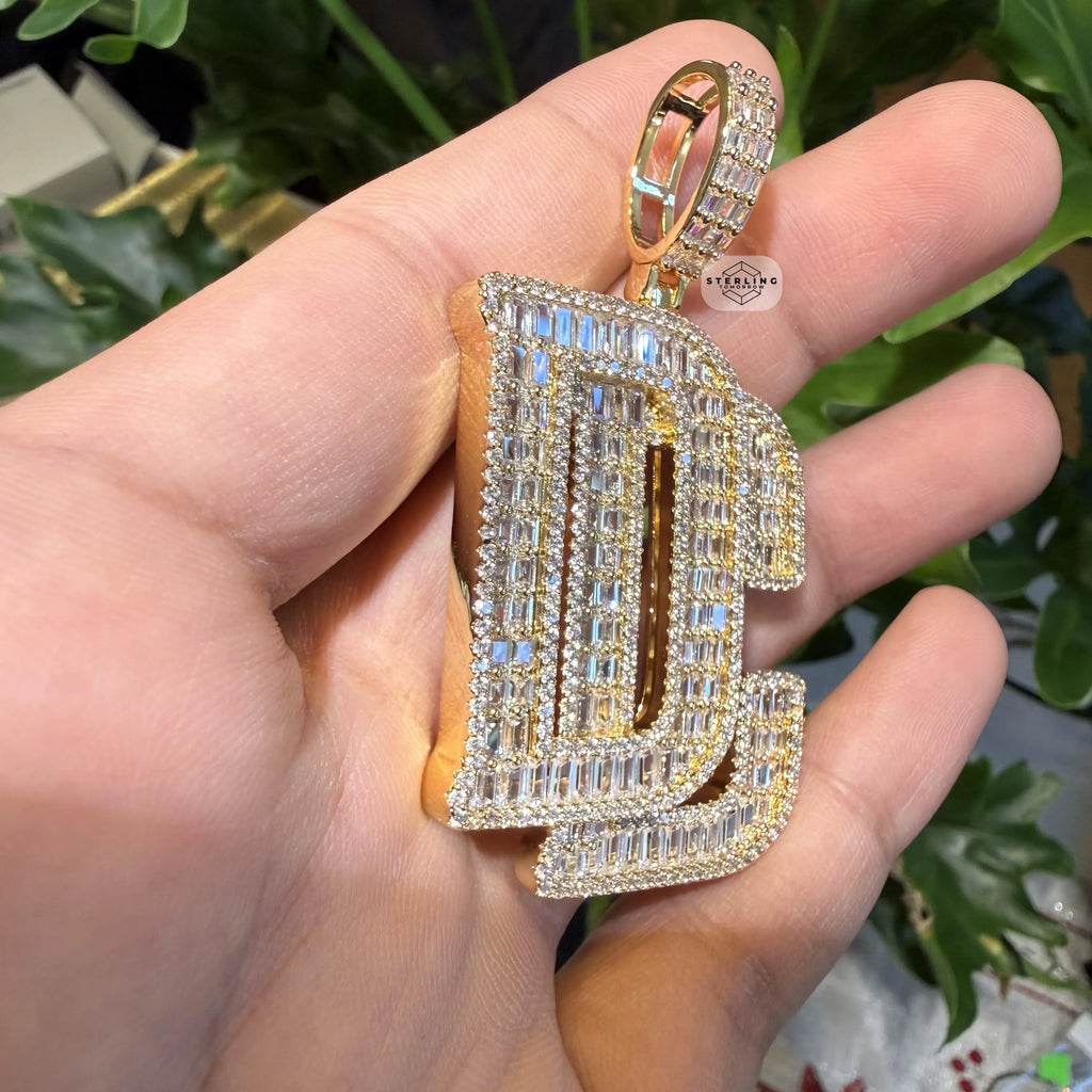 14K Gold Plated Iced Out DC Pendant | Baguette CZ Hip Hop Letter Necklace | Large Initial Charm with Free Rope Chain Dream Chaser Streetwear