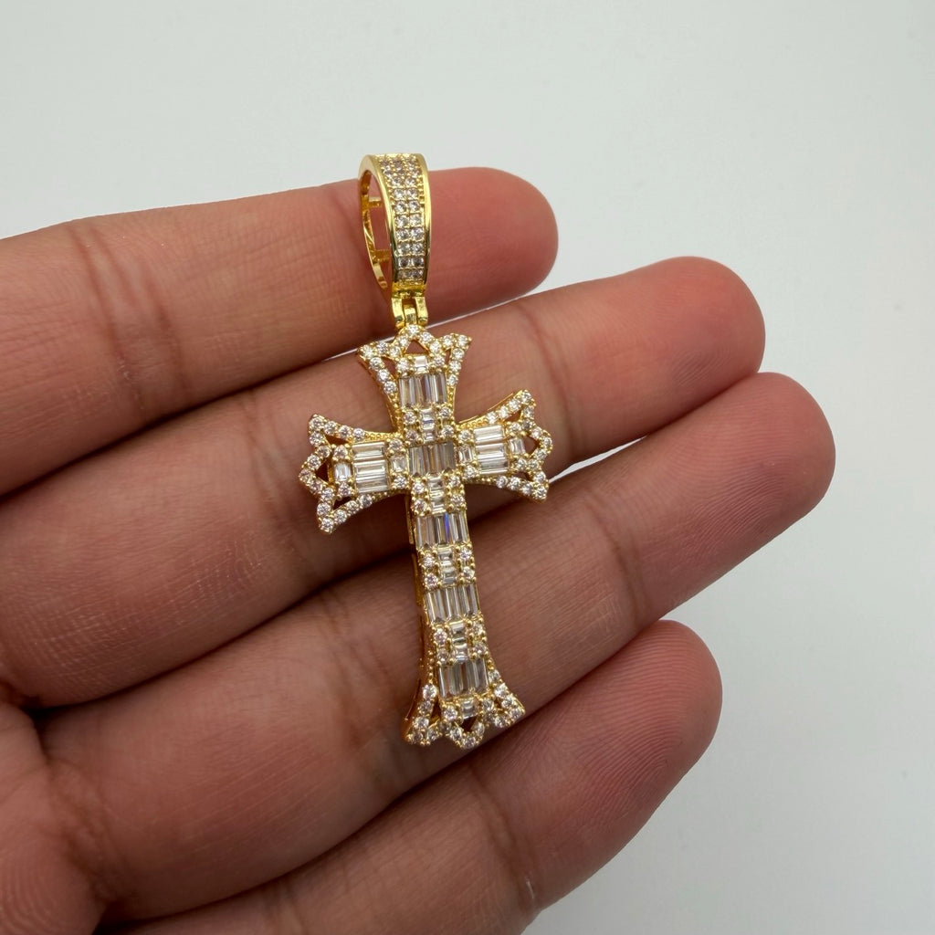 Cross Flared Baguette Cross Gold Tone Iced Out Pendant