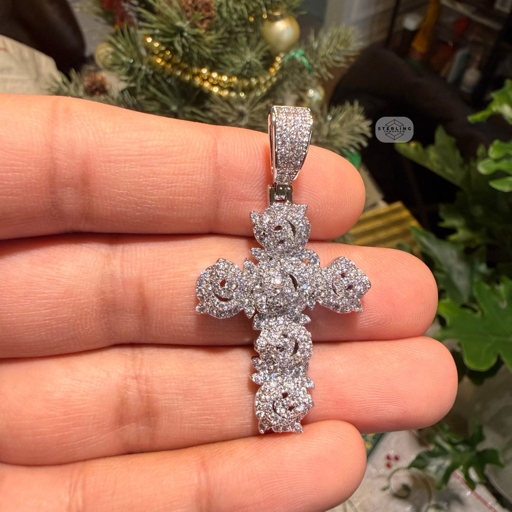 Cluster Cross Iced Pendant 14k White Gold Plated