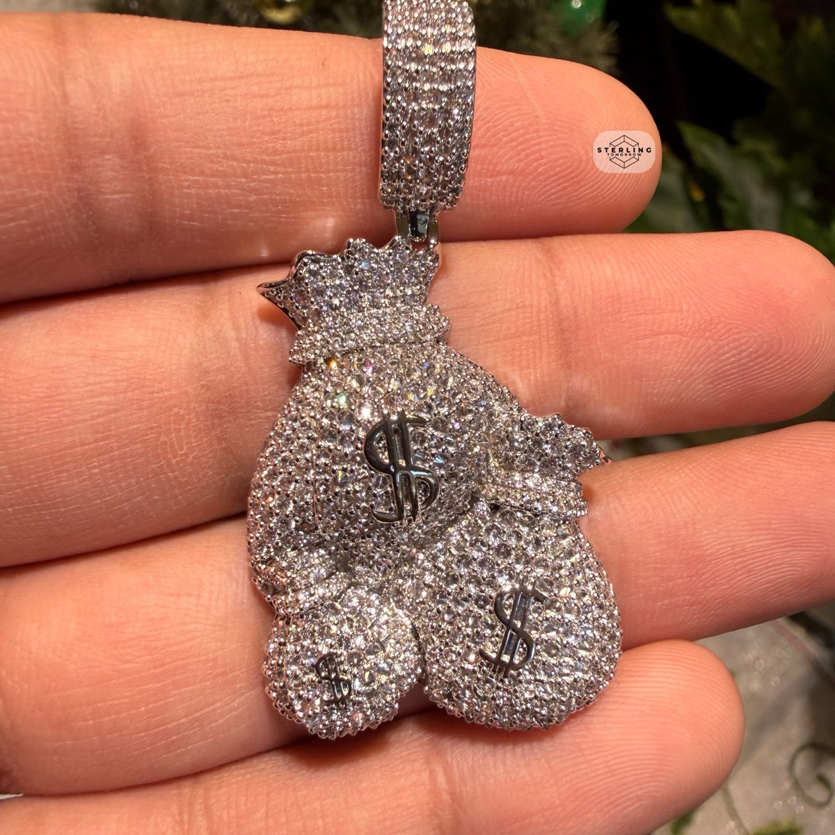 Moneybags Iced Out Pendant 14k White Gold Plated