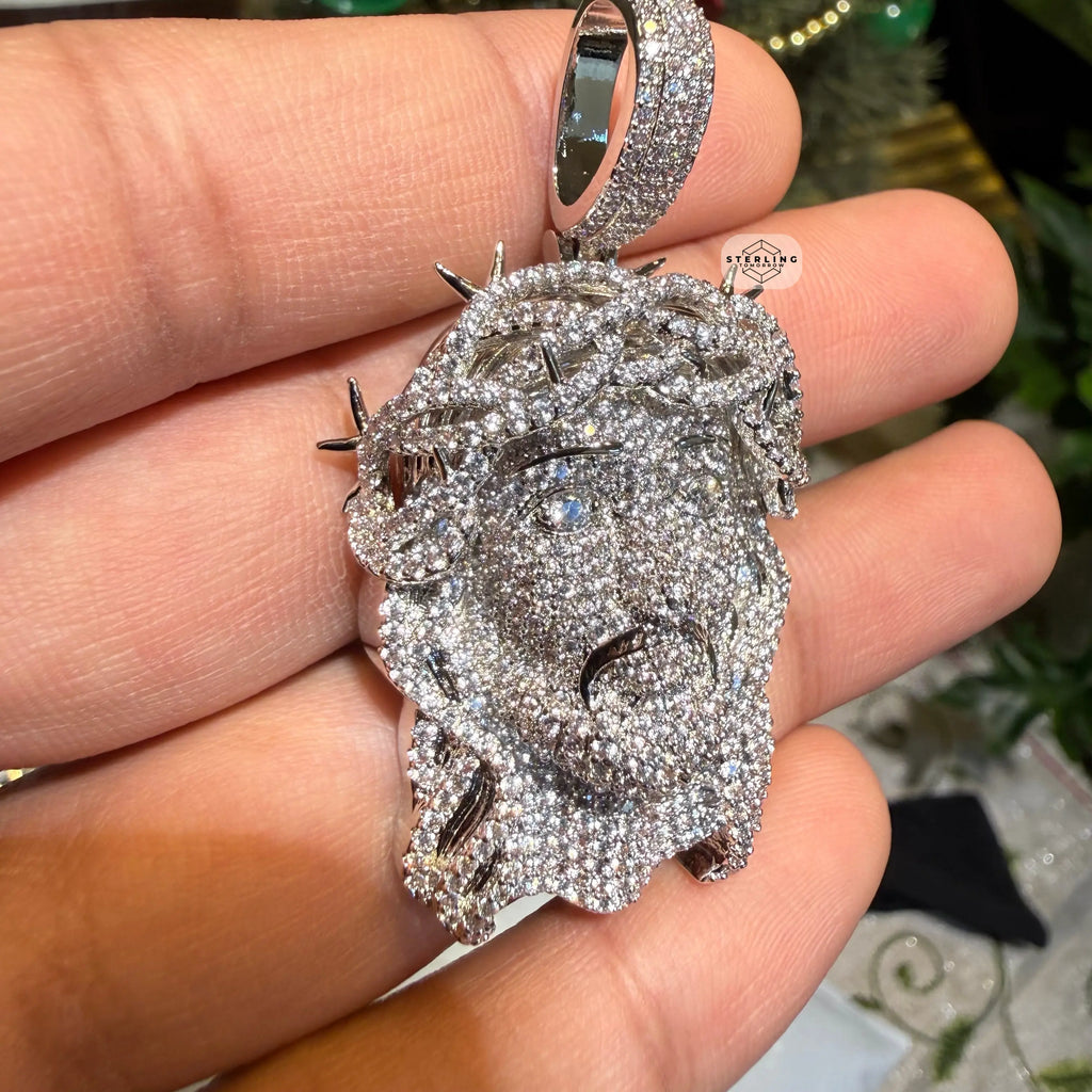 Iced Out Jesus Pendant Crown of Thorns Necklace 14k Gold Plated Religious Mens Christian Bling Chain + Free Steel AntiTarnish Rope Chain