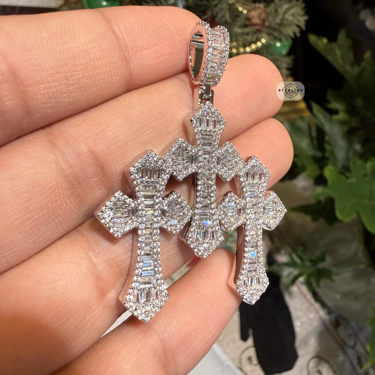 Triple Cross Baguette 14k White Plated Iced CZ Pendant