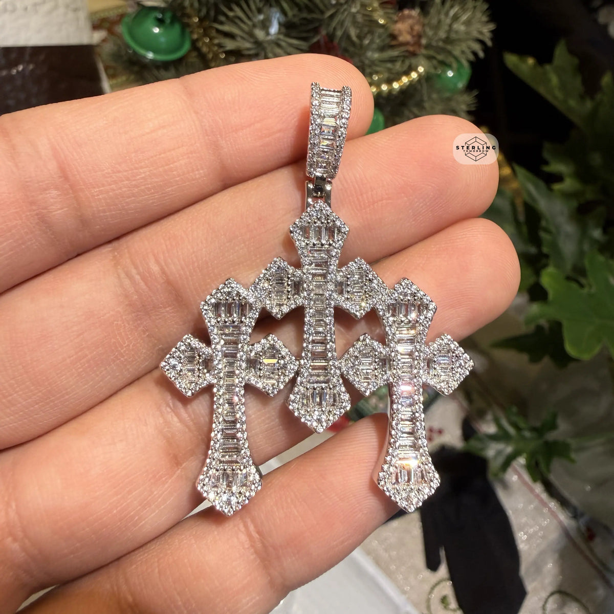 Triple Cross Baguette 14k White Plated Iced CZ Pendant