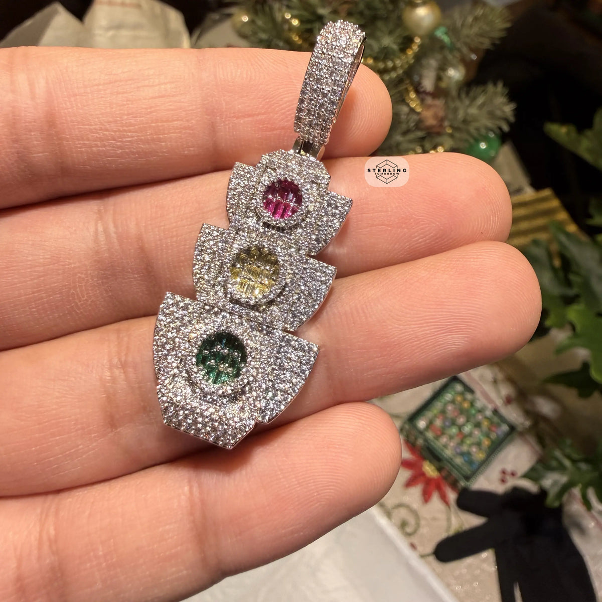 Traffic Light 14K White Gold Plated Iced Pendant