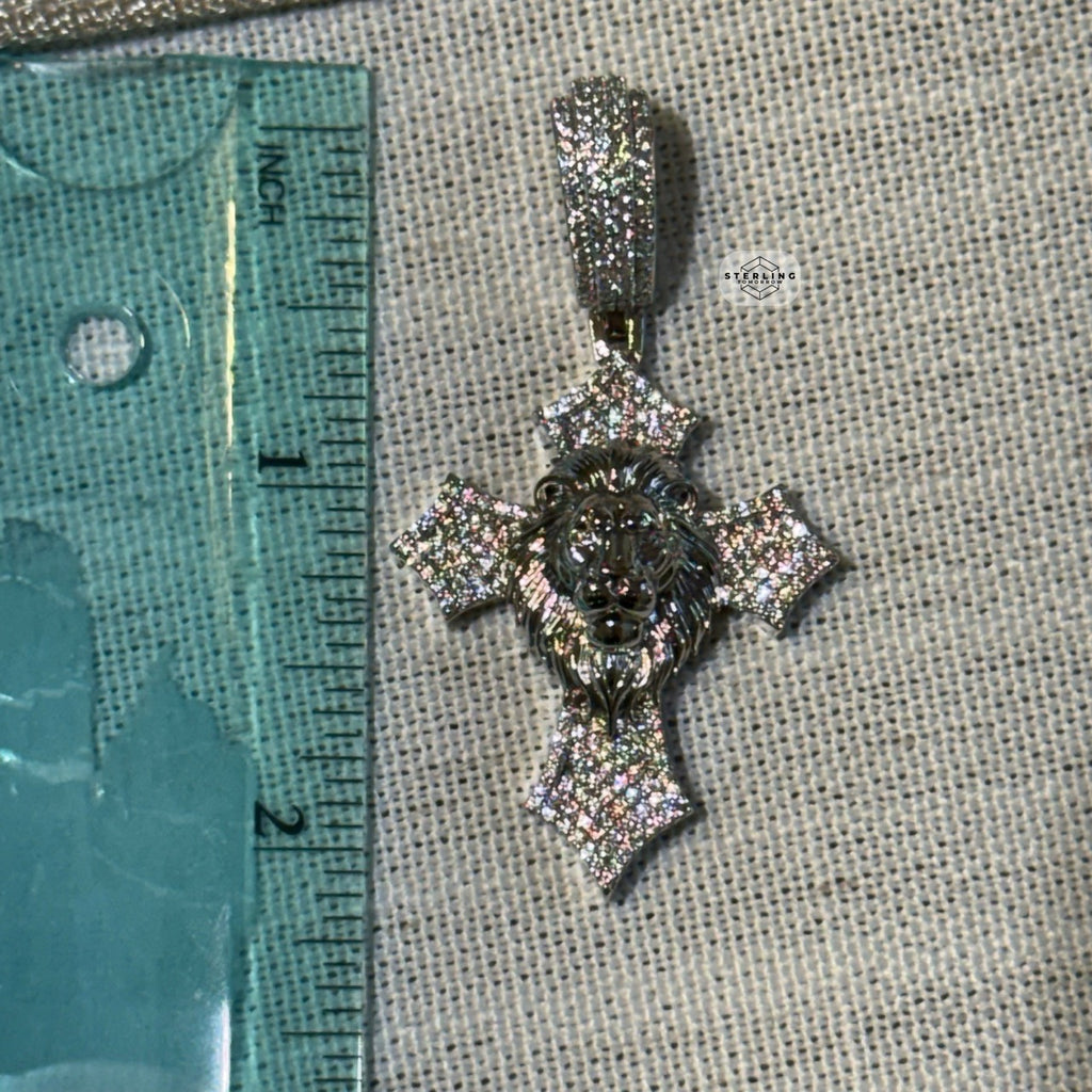 Lion Cross Iced Out Pendant 14k White Gold Plated