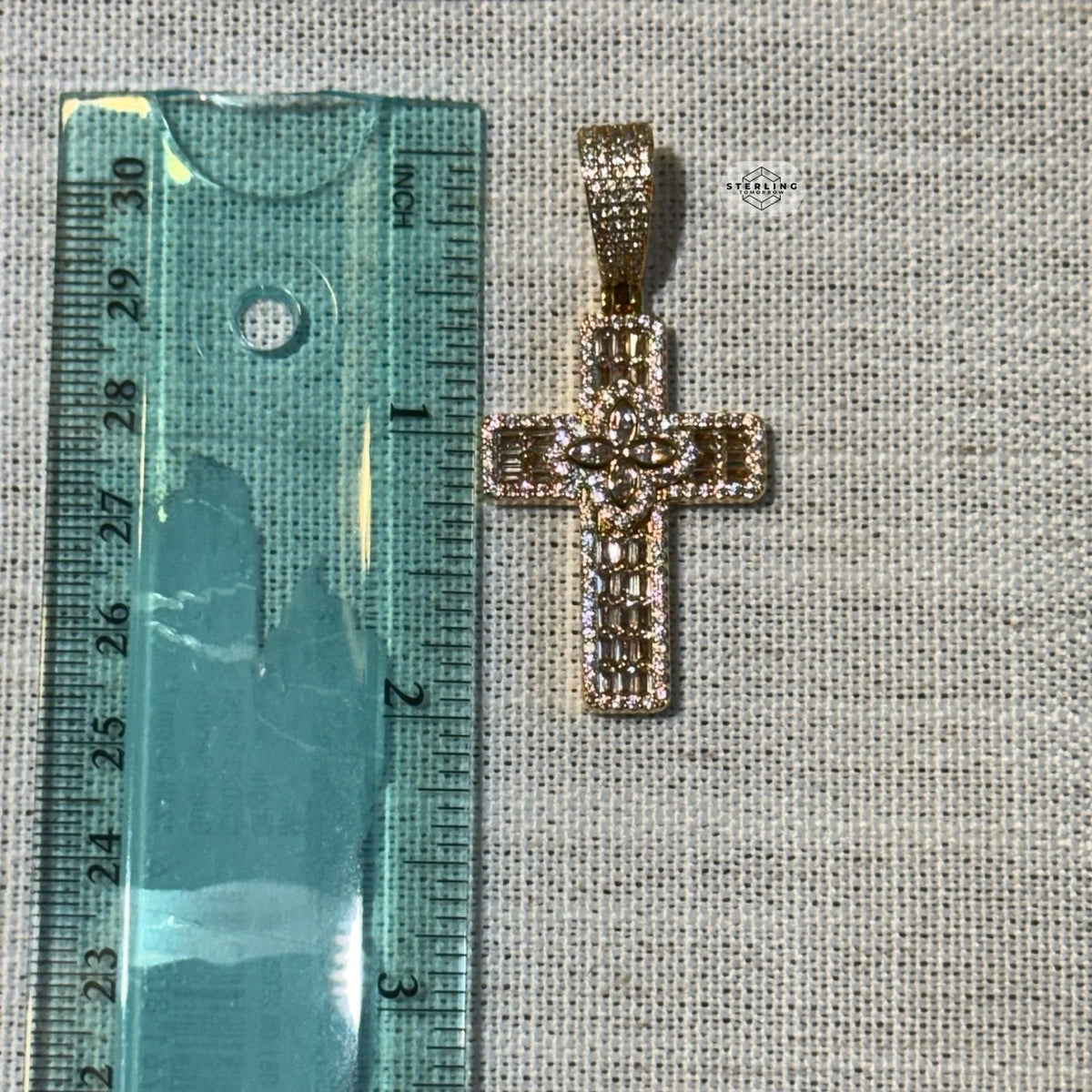 Flower Cross Iced 14K Gold Plated Pendant