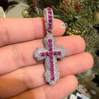 Pink Iced Out Cross Pendant | 14K White Gold Plated Pink CZ Christian Cross Necklace Hip Hop Pendant with Free Rope Chain