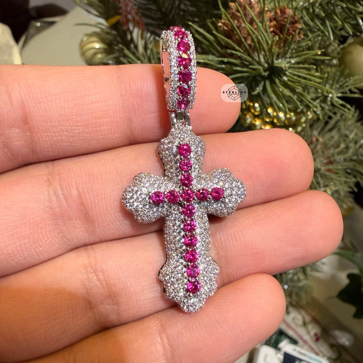 Pink Iced Out Cross Pendant | 14K White Gold Plated Pink CZ Christian Cross Necklace Hip Hop Pendant with Free Rope Chain