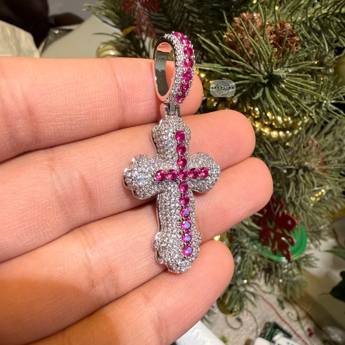 Pink Iced Out Cross Pendant | 14K White Gold Plated Pink CZ Christian Cross Necklace Hip Hop Pendant with Free Rope Chain