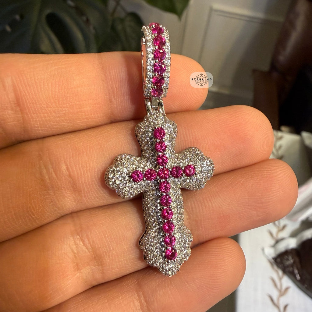 Pink Iced Out Cross Pendant | 14K White Gold Plated Pink CZ Christian Cross Necklace Hip Hop Pendant with Free Rope Chain