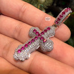 Pink Iced Out Cross Pendant | 14K White Gold Plated Pink CZ Christian Cross Necklace Hip Hop Pendant with Free Rope Chain