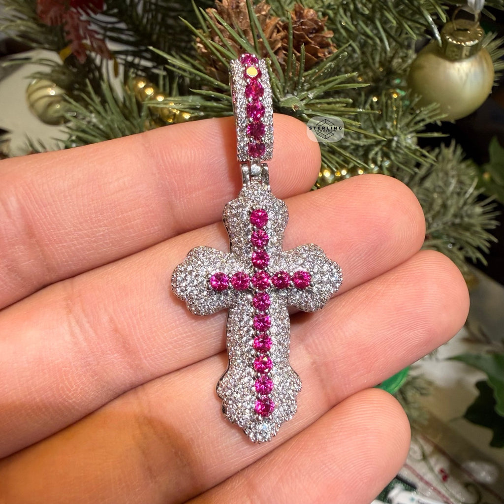 Pink Iced Out Cross Pendant | 14K White Gold Plated Pink CZ Christian Cross Necklace Hip Hop Pendant with Free Rope Chain