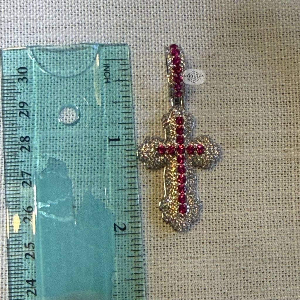 Pink Iced Out Cross Pendant | 14K White Gold Plated Pink CZ Christian Cross Necklace Hip Hop Pendant with Free Rope Chain