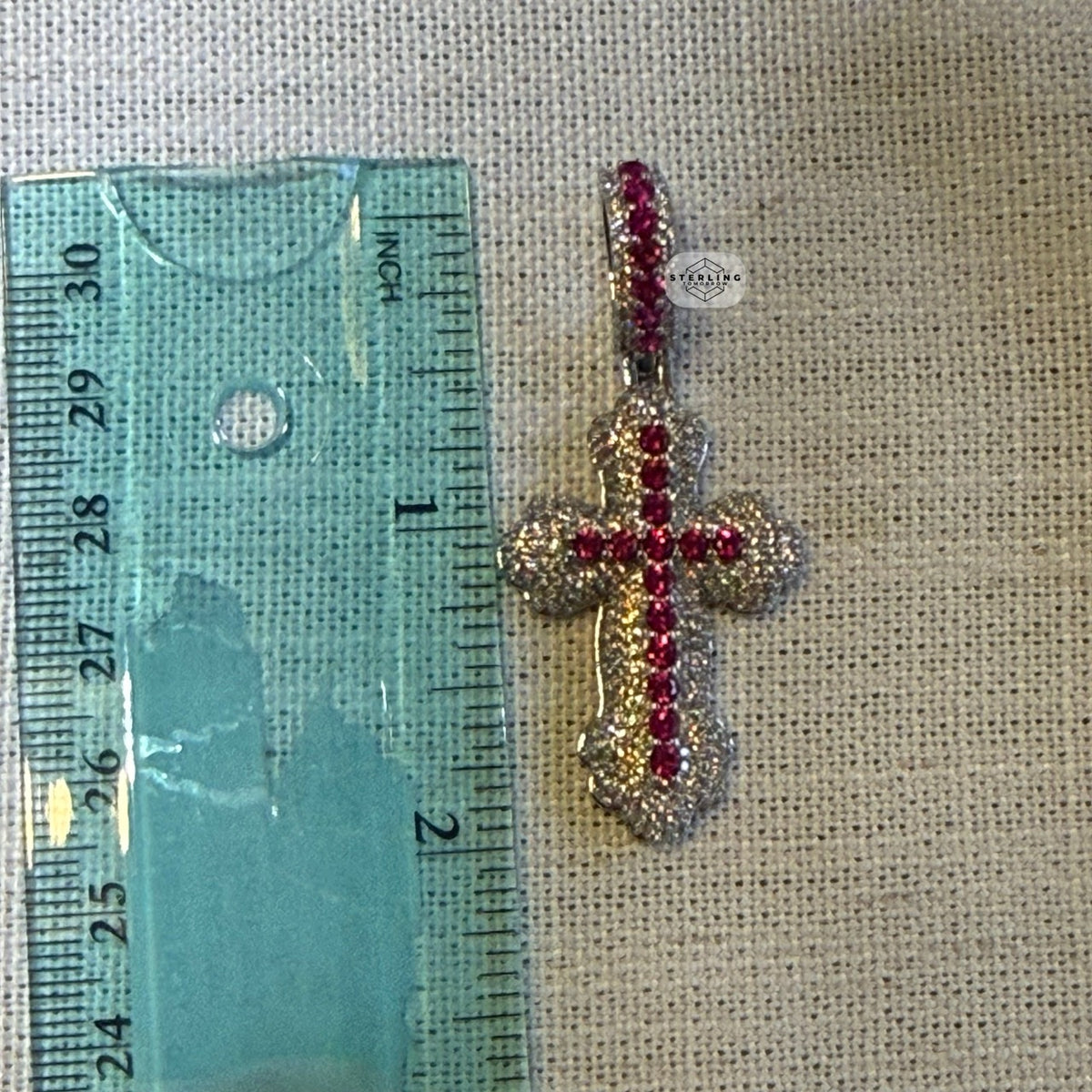 Pink Iced Out Cross Pendant | 14K White Gold Plated Pink CZ Christian Cross Necklace Hip Hop Pendant with Free Rope Chain