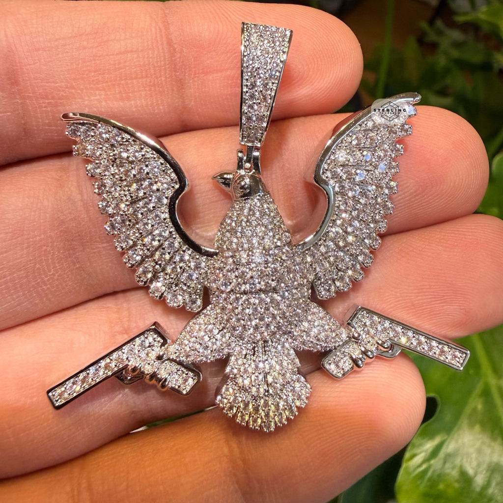 Eagle Guns 14k White Gold Plated Iced Pendant