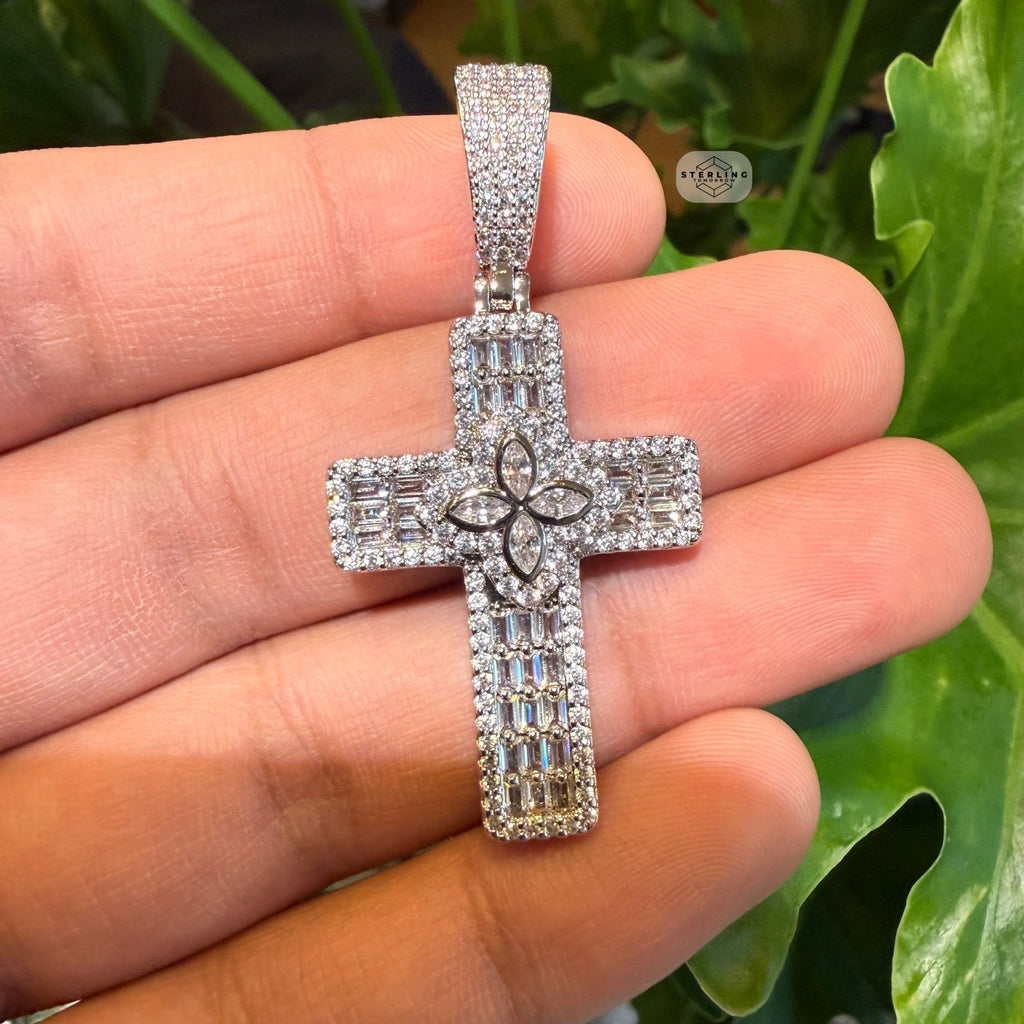 Flower Cross Iced 14K White Gold Plated Pendant