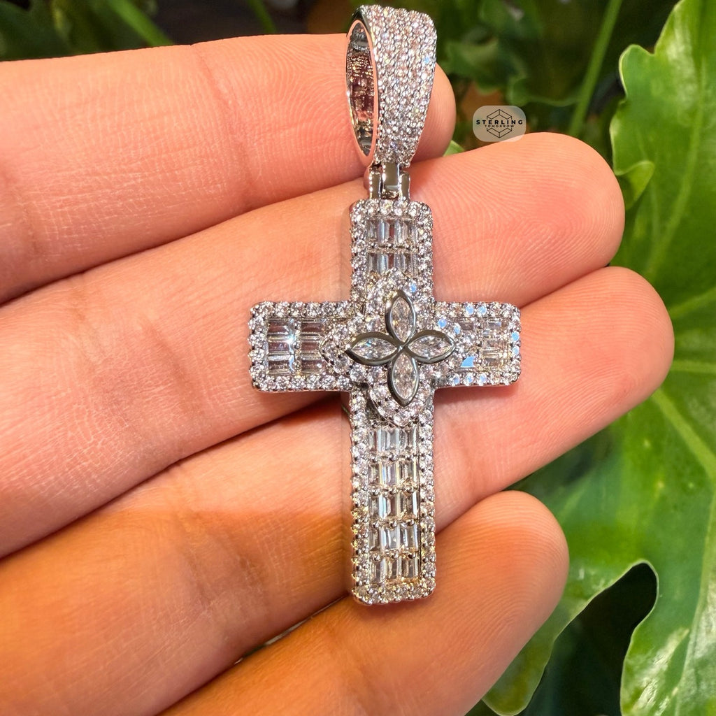 Flower Cross Iced 14K White Gold Plated Pendant