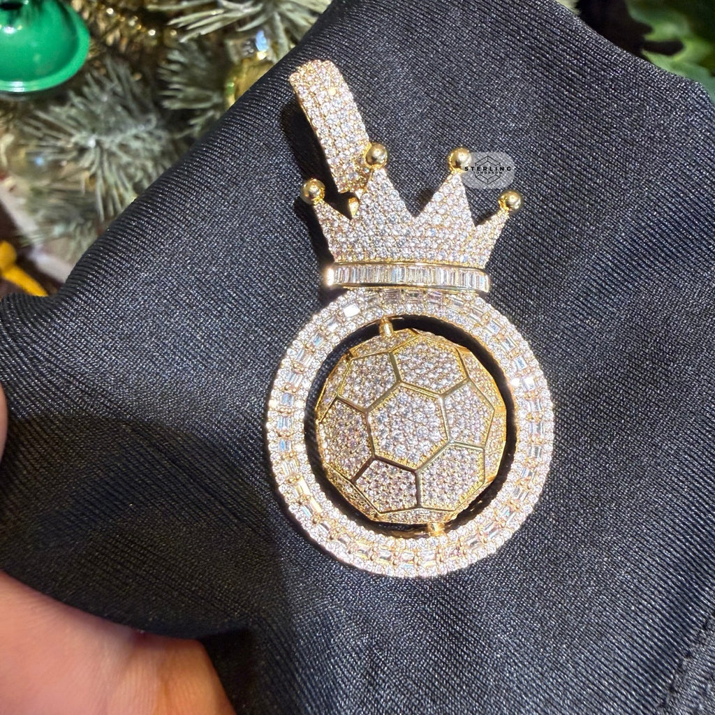 Spinning Soccer King Pendant Iced 14k Gold Plated
