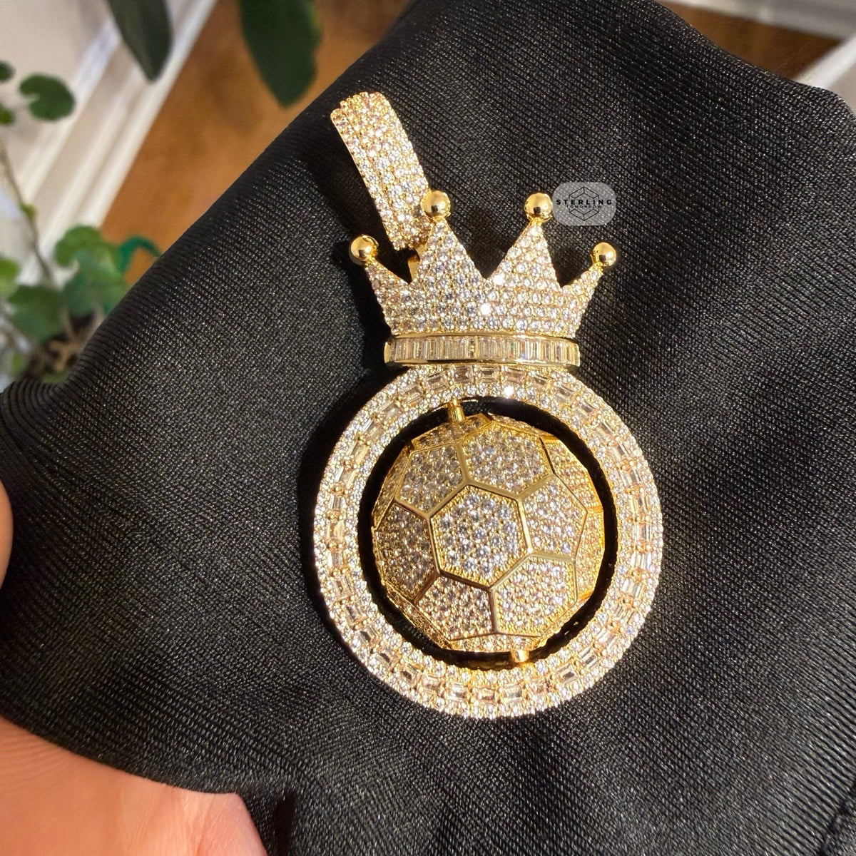 Spinning Soccer King Pendant Iced 14k Gold Plated