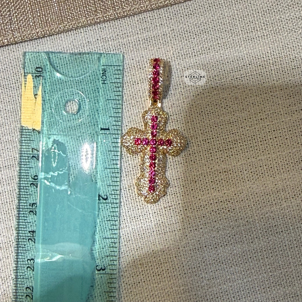 Pink 14K Gold Plated Iced Cross Pendant