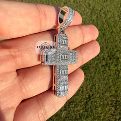 Baguette Cross Iced Out Silver Tone Pendant