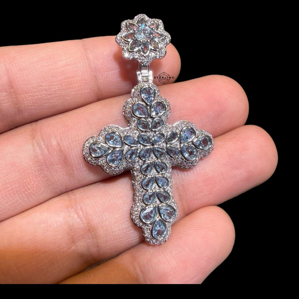 Sapphire Pear Cut Cross Pendant 14k White Gold Plated