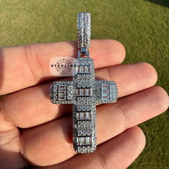 Baguette Cross Iced Out Silver Tone Pendant