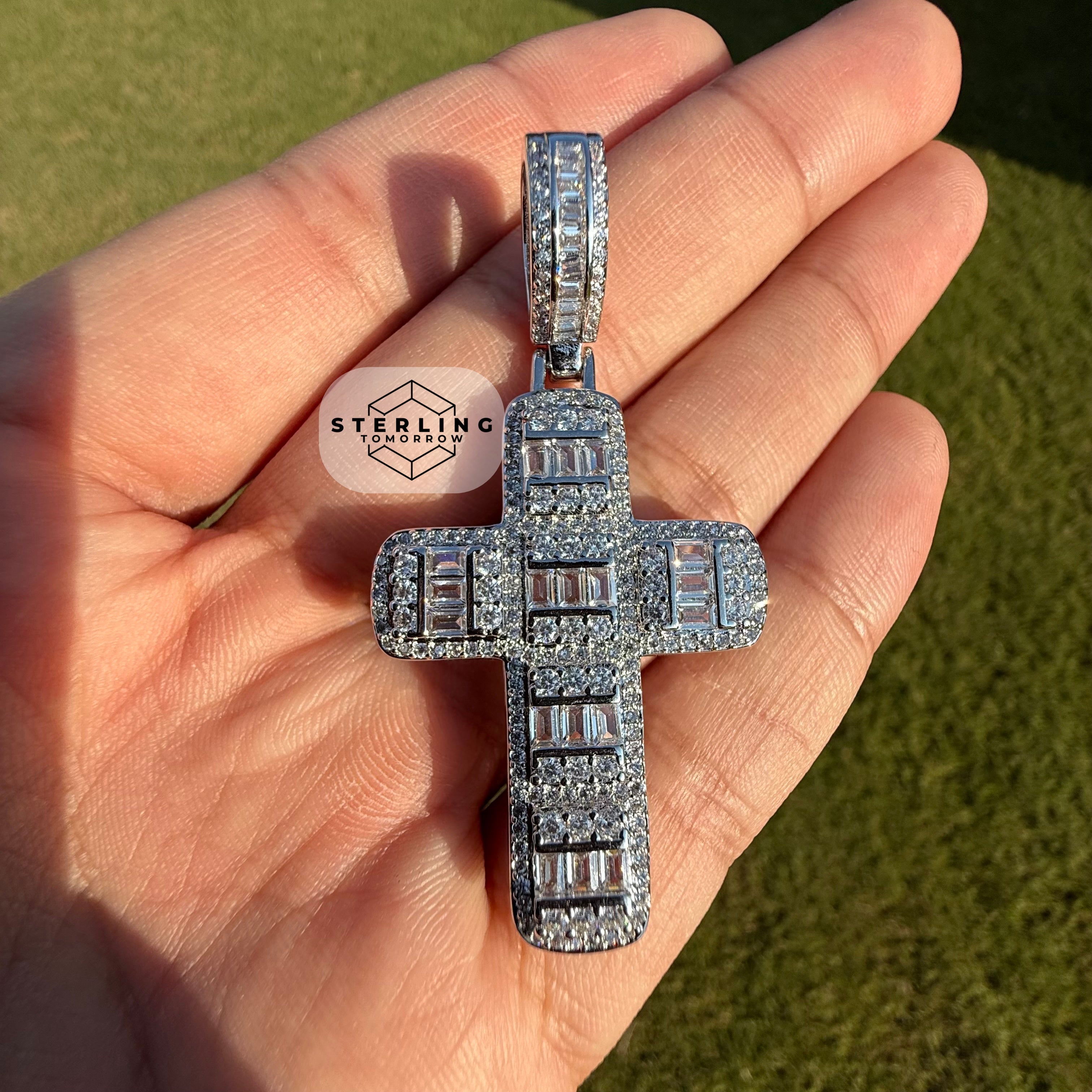 Baguette Cross Iced Out Silver Tone Pendant